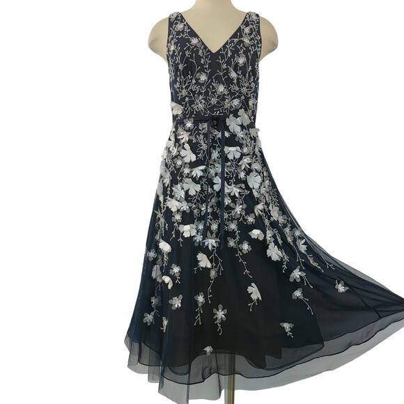Marchesa Notte Beaded Flower Appliqu Tulle Mesh Dress Midi A-Line Navy  Blue 8
